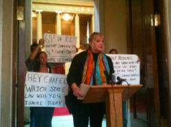 JoAnne Leppenan of Rhode Island Patient Advocacy Coaltion at a press conference in RI State House Tuesday, September 27. (Photo by Megan Hall.)